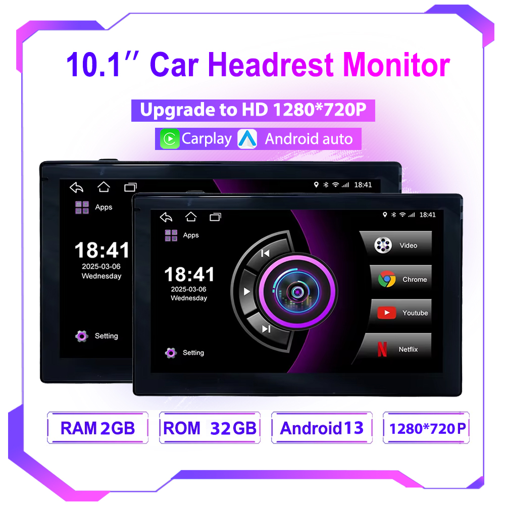 Car Multimedia Player Carplay Android Auto - Moniteur d'appui-tête de voiture Incell 10,1